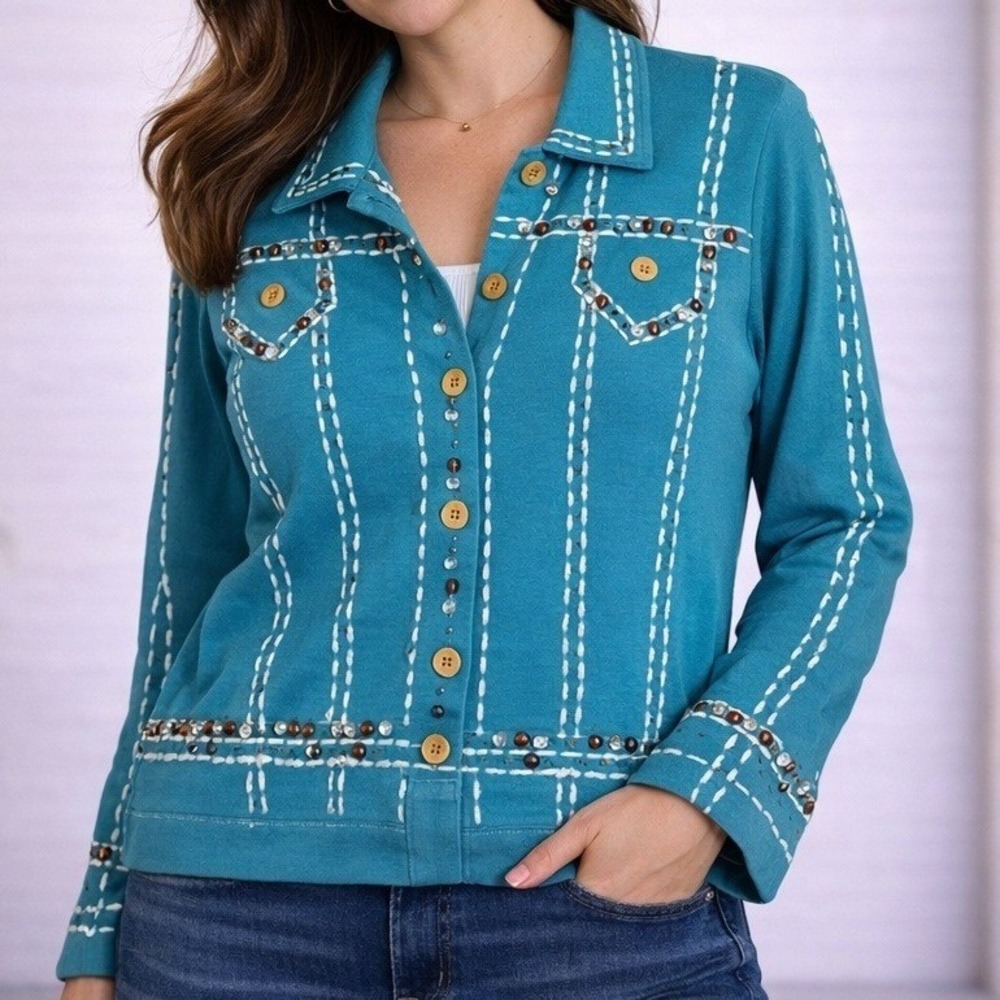 VTG Michael Simon Lite Western Jacket Womens L Blue Beaded Embellished Button Up